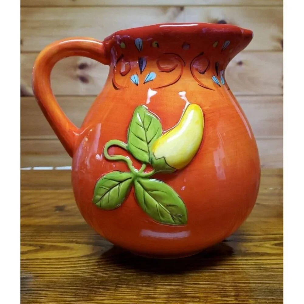 Pier 1 One Imports Pasilla Earthenware Peppers Orange Pitcher Jug 7.5